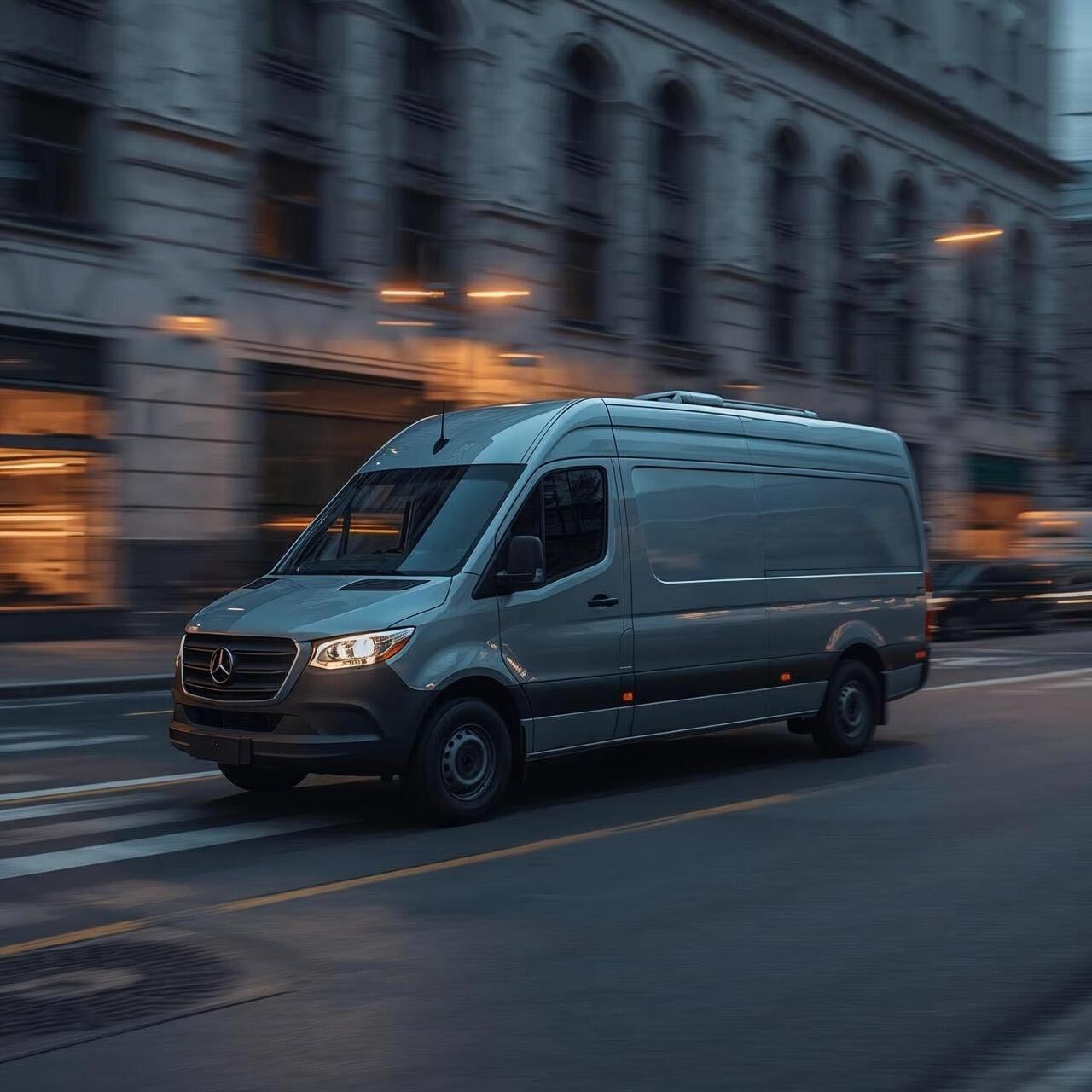 A white delivery van driving quickly on a highway during the day.