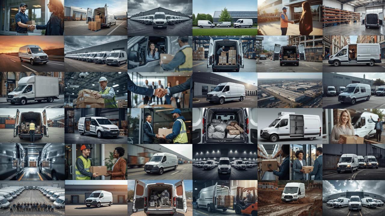 Collage of delivery vans and drivers at work