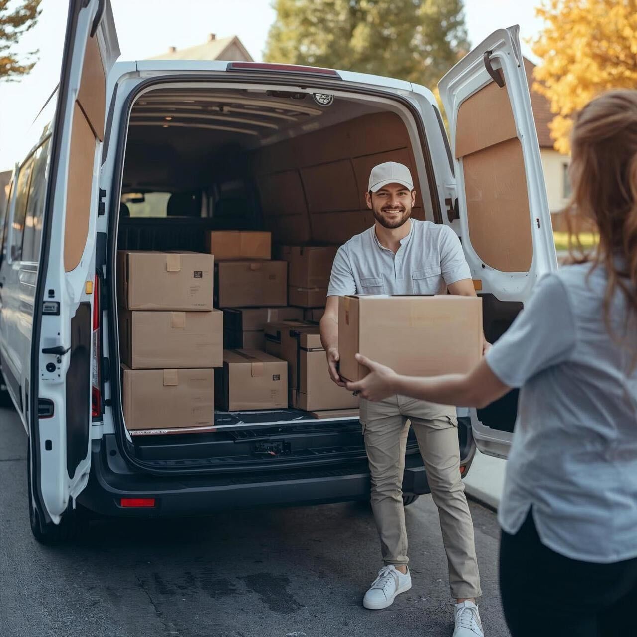 A white delivery van driving quickly on a highway during the day.