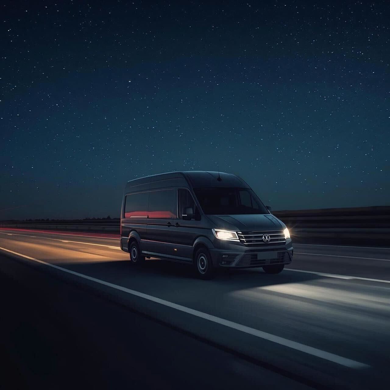 A white delivery van driving quickly on a highway during the day.