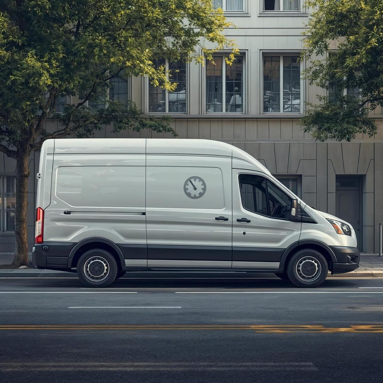 A white delivery van driving quickly on a highway during the day.