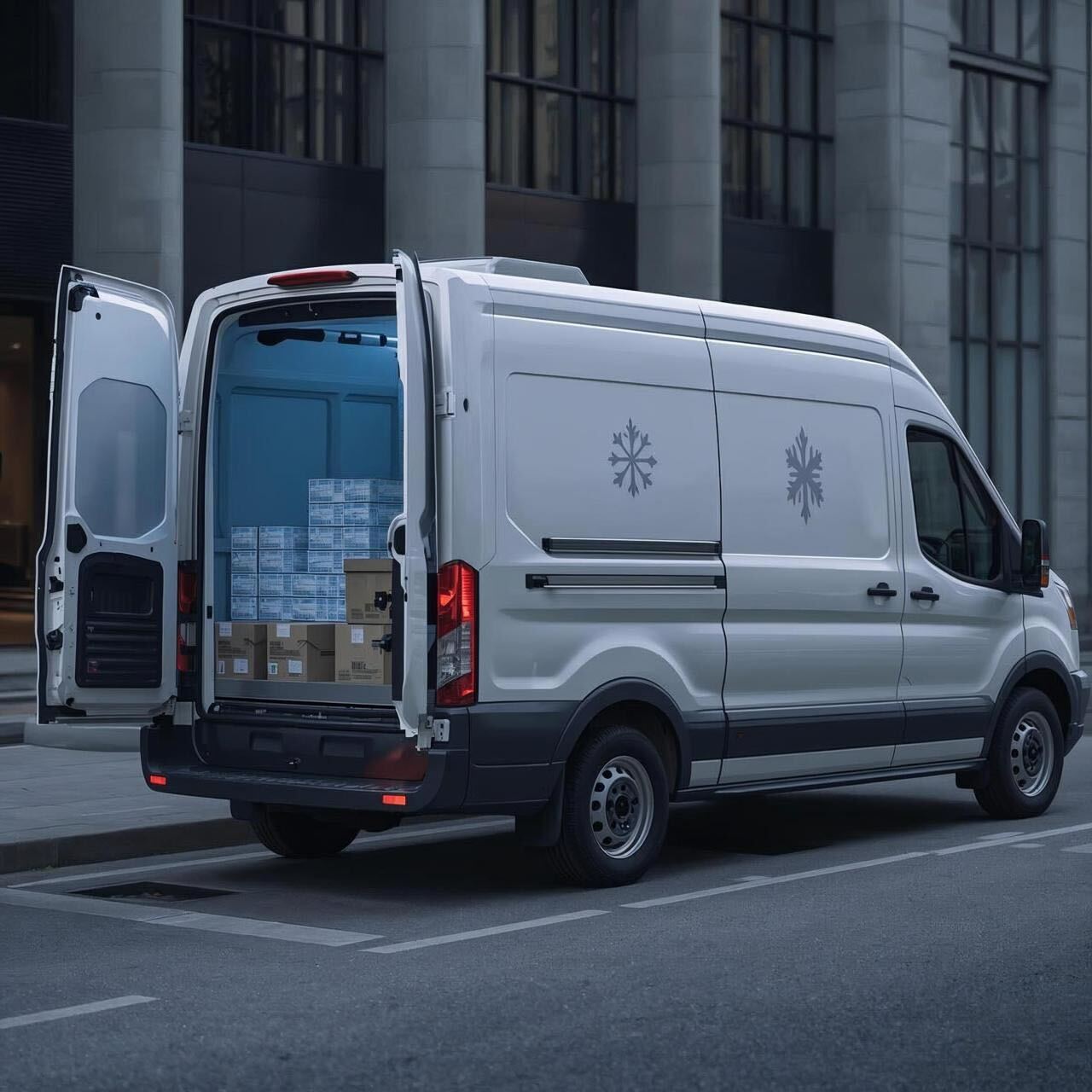 A white delivery van driving quickly on a highway during the day.